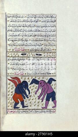 Türkische Version der Wunder der Schöpfung, zwei Ameisen und zwei seltsame Kreaturen, die auf Inseln fliegen und leben, dies ist eine türkische Version von ʿAjāʾib al-makhlūqāt (Wunder der Schöpfung) von Zakarīyā al-Qazwīnī (gest. 692 AH / 1293 n. Chr.), hergestellt auf Antrag des Wesirs Murtaza Paşa (Murtaḍá Pāshā) (fl. 11. Jh. AH / 17. Jh.). Der Codex wurde 1121 AH / 1717 CE von Muḥammad ibn Muḥammad Shākir Rūzmah-ʾi Nāthānī fertiggestellt. Es gibt 444 Gemälde, die den Text illustrieren Stockfoto