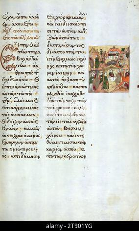 Das Evangelium Lectionary, das Gleichnis vom verlorenen Sohn, ist eines von 26 bekannten Manuskripten der Hand von Lukas dem Zyprioten (aktiv 1583–1625), einem versierten griechischen Kalligraphen, der nach der osmanischen Eroberung Konstantinopels (1453) arbeitete. Er kopierte es 1594 an seinem Bischofssitz von Buzǎu (in der Walachei, heute Rumänien) und brachte es bald nach Moskau, wo es von einem Team anonymer russischer Künstler reich mit Szenen des Neuen Testaments illustriert wurde Stockfoto