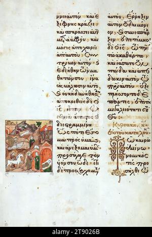 Das Evangelium Lectionary, das Gleichnis vom barmherzigen Samariter, ist eines von 26 bekannten Manuskripten der Hand von Lukas dem Zyprioten (aktiv 1583–1625), einem versierten griechischen Kalligraphen, der nach der osmanischen Eroberung Konstantinopels (1453) arbeitete. Er kopierte es 1594 an seinem Bischofssitz von Buzǎu (in der Walachei, heute Rumänien) und brachte es bald nach Moskau, wo es von einem Team anonymer russischer Künstler reich mit Szenen des Neuen Testaments illustriert wurde Stockfoto