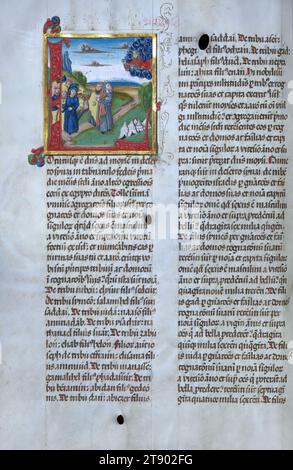 Beleuchtete Handschrift, Bibel (Teil), Gott erscheint Moses und einer Gruppe von Israeliten, diese großformatige Handschrift enthält die ersten acht Bücher des Alten Testaments, Genesis durch Ruth. Das Datum der Fertigstellung ist der 2. Februar 1507. Die Erleuchtung der Schöpfung innerhalb eines kosmographischen Schemas basiert zum Teil auf den Holzschnittabbildungen der Schöpfung in der Koberger Bibel von 1483 und der Nürnberger Chronik von 1493 desselben Druckers. Große historische Initialen markieren den Anfang jedes Buches Stockfoto