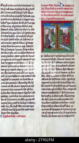 Beleuchtete Handschrift, Bibel (Teil), Naomi und Ruth, diese großformatige Handschrift enthält die ersten acht Bücher des Alten Testaments, Genesis durch Ruth. Das Datum der Fertigstellung ist der 2. Februar 1507. Die Erleuchtung der Schöpfung innerhalb eines kosmographischen Schemas basiert zum Teil auf den Holzschnittabbildungen der Schöpfung in der Koberger Bibel von 1483 und der Nürnberger Chronik von 1493 desselben Druckers. Große historische Initialen markieren den Anfang jedes Buches Stockfoto