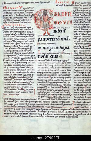 Leuchtmanuskript, Gloss on the Wehklagen Jeremias, Initial E mit Jeremia Trauer, diese illustrierte Kopie der Wehklagen Jeremias mit dem Glanz (oder Interpretation) Gilberts von Auxerre wurde in Österreich in der zweiten Hälfte des 12. Jahrhunderts geschrieben und stammt aus dem Kloster Seitenstetten. Gilbert starb 1134, und das Manuskript ist ein frühes und wichtiges Zeugnis seines Textes. Der Glanz ist in einer kleinen Schrift geschrieben und ist sowohl interlinear als auch marginal. Dieses Layout ist typisch für Hochglanzbücher der Bibel aus dem 12. Jahrhundert Stockfoto