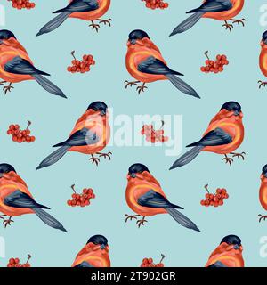 Bullfinch und ein Haufen rowan. Vektor-Illustration eines nahtlosen Musters für Neujahr- und Weihnachtsveranstaltungen. Grußkarten, Geschenkpapier, Textilien. Stock Vektor