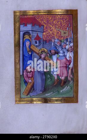 Beleuchtete Handschrift, Wiener Stundenbuch, Christus mit dem Kreuz, dieses Stundenbuch wurde in Wien, Österreich, ca. 1460-65. Es ist eine von einer Reihe von Handschriften, die am Hof Kaiser Friedrich III. Von Österreich (1415–1493) in Auftrag gegeben wurden, von denen einige für seinen Sohn, Fürst Maximilian (1459–1519), entstanden sind. Der Name des Künstlers ist unbekannt, aber aufgrund seiner Verbindung zu diesen Aufträgen ist er als Meister der Maximilian-Schulbücher bekannt Stockfoto