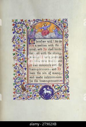 Illustrierte Handschrift, Kapitel 53 des Buches Jesaja, Christus im Himmel; Agnus Dei in vierfacher Folie, diese englische Handschrift wurde im 19. Jahrhundert unter Verwendung eines äußerst feinen Pergamentes erstellt. Es enthält das fünfundfünfzigste Kapitel des Buches Jesaja in englischer Übersetzung. Das kleine Buch besteht aus acht Folien, die auf den Rectos geschrieben und verziert sind, wobei die Versos leer bleiben. Schrift und Dekoration deuten darauf hin, dass das Buch entworfen wurde, um den Stil der französischen Beleuchtung des 14. Oder 15. Jahrhunderts zu imitieren Stockfoto