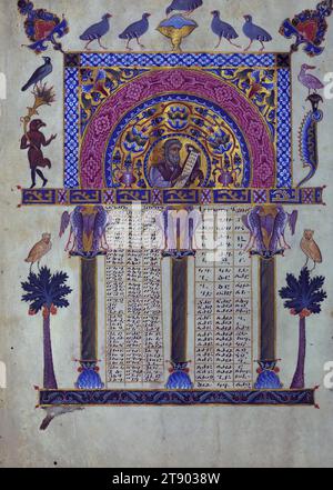 T’oros Roslin Gospels, Canon Table with Jesaja, dieses Manuskript wurde 1262 von T’oros Roslin, einem äußerst prominenten Illuminator, gefertigt, der das Spektrum der handschriftlichen Illuminationen erweiterte, indem er einen ganzen Bildzyklus in die Evangelien einführte, anstatt, wie traditionell, nur die Porträts der Evangelisten einzubeziehen. Diese spezielle Handschrift wurde im Scriptorium von Hromkla erstellt, das unter der Herrschaft des katholikos Konstantin I. (1221–1267) zum führenden künstlerischen Zentrum der armenischen Kilikien wurde. Stockfoto