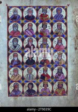 T'oros Roslin Evangelium, die Vorfahren Christi, die Namen sind die folgenden, von links beginnend und in jeder der vier Säulen hinunter: Abraham, Isaak, Jakob, Judas, Lachs, Booz, Esrom, Aram, Aminadab, Thamar, Rachab, Ruth, David, Solomon, Roboam, Ozias, Manasse, Josias, Bathseba, Joatham, Achaz, Ezekias, Amon und Jechonias Stockfoto