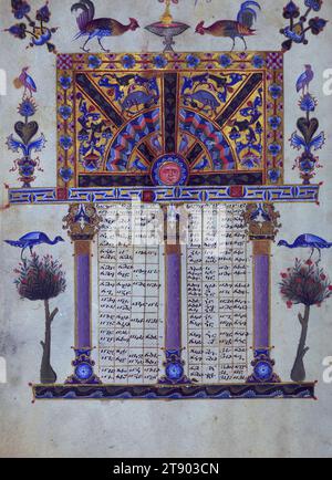 Diese Handschrift wurde 1262 von T’oros Roslin, einem äußerst prominenten Illuminator, erstellt, der die Palette der Handschriften erweiterte, indem er einen ganzen Bildzyklus in die Evangelien einführte, anstatt, wie traditionell, nur die Porträts der Evangelisten einzubeziehen. Diese spezielle Handschrift wurde im Scriptorium von Hromkla erstellt, das unter der Herrschaft des katholikos Konstantin I. (1221–1267) zum führenden künstlerischen Zentrum der armenischen Kilikien wurde. Stockfoto