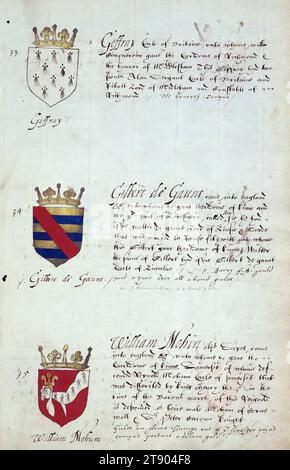 Buch der englischen Heraldik, Wappen von Geffray, Gilbert de Gaunt, William Mohum, dieses Buch der englischen Heraldik wurde um ca. 1589. Das Manuskript gehörte der Familie Spencer, bekannt durch Inschriften auf den ersten Flügelblättern, einschließlich des Mottos „Dieu defende Le Droit“ (Gott verteidigt die Rechte). Dieses Motto wurde seit langem mit der Familie Spencer aus England, der Familie von Prinzessin Diana, sowie den Spencers, die zu den Gründern von Virginia gehörten, in Verbindung gebracht Stockfoto