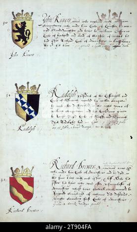 Buch der englischen Heraldik, Wappen von John Riners, Radolph und Richard Brewer, dieses Buch der englischen Heraldik wurde um ca. 1589. Das Manuskript gehörte der Familie Spencer, bekannt durch Inschriften auf den ersten Flügelblättern, einschließlich des Mottos „Dieu defende Le Droit“ (Gott verteidigt die Rechte). Dieses Motto wurde seit langem mit der Familie Spencer aus England, der Familie von Prinzessin Diana, sowie den Spencers, die zu den Gründern von Virginia gehörten, in Verbindung gebracht Stockfoto