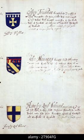 Buch der englischen Heraldik, Wappen von Geffray Trushbutt, John Mountny und Humfry Lord Bohume, dieses Buch der englischen Heraldik wurde um ca. 1589. Das Manuskript gehörte der Familie Spencer, bekannt durch Inschriften auf den ersten Flügelblättern, einschließlich des Mottos „Dieu defende Le Droit“ (Gott verteidigt die Rechte). Dieses Motto wurde seit langem mit der Familie Spencer aus England, der Familie von Prinzessin Diana, sowie den Spencers, die zu den Gründern von Virginia gehörten, in Verbindung gebracht Stockfoto