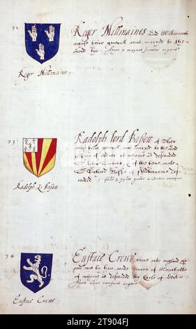 Buch der englischen Heraldik, Wappen von Roger Millinaines, Randolph Lord Bassett und Eustace Crewe, dieses Buch der englischen Heraldik wurde um ca. 1589. Das Manuskript gehörte der Familie Spencer, bekannt durch Inschriften auf den ersten Flügelblättern, einschließlich des Mottos „Dieu defende Le Droit“ (Gott verteidigt die Rechte). Dieses Motto wurde seit langem mit der Familie Spencer aus England, der Familie von Prinzessin Diana, sowie den Spencers, die zu den Gründern von Virginia gehörten, in Verbindung gebracht Stockfoto