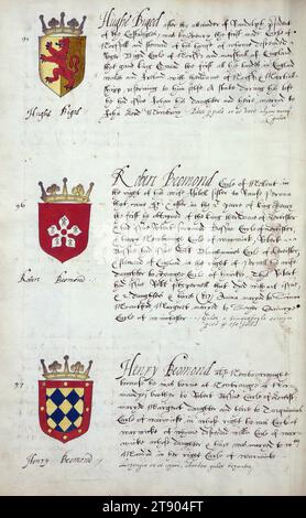 Buch der englischen Heraldik, Wappen von Hughe Bigod, Robert Beomond und Henry Beomond, dieses Buch der englischen Heraldik wurde um ca. 1589. Das Manuskript gehörte der Familie Spencer, bekannt durch Inschriften auf den ersten Flügelblättern, einschließlich des Mottos „Dieu defende Le Droit“ (Gott verteidigt die Rechte). Dieses Motto wurde seit langem mit der Familie Spencer aus England, der Familie von Prinzessin Diana, sowie den Spencers, die zu den Gründern von Virginia gehörten, in Verbindung gebracht Stockfoto