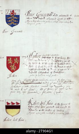 Buch der englischen Heraldik, Wappen von Peter Greenevile, Herbert und Robert Lord Haia, dieses Buch der englischen Heraldik wurde um ca. 1589. Das Manuskript gehörte der Familie Spencer, bekannt durch Inschriften auf den ersten Flügelblättern, einschließlich des Mottos „Dieu defende Le Droit“ (Gott verteidigt die Rechte). Dieses Motto wurde seit langem mit der Familie Spencer aus England, der Familie von Prinzessin Diana, sowie den Spencers, die zu den Gründern von Virginia gehörten, in Verbindung gebracht Stockfoto