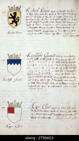 Buch der englischen Heraldik, Wappen von Richard Rivers, Randolphe Glanvile und Roger Clare, dieses Buch der englischen Heraldik wurde um ca. 1589. Das Manuskript gehörte der Familie Spencer, bekannt durch Inschriften auf den ersten Flügelblättern, einschließlich des Mottos „Dieu defende Le Droit“ (Gott verteidigt die Rechte). Dieses Motto wurde seit langem mit der Familie Spencer aus England, der Familie von Prinzessin Diana, sowie den Spencers, die zu den Gründern von Virginia gehörten, in Verbindung gebracht Stockfoto