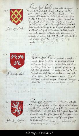 Buch der englischen Heraldik, Wappen von Adam Lord Awdly, Robert Lord Ross und John Lord Loware, dieses Buch der englischen Heraldik wurde um ca. 1589. Das Manuskript gehörte der Familie Spencer, bekannt durch Inschriften auf den ersten Flügelblättern, einschließlich des Mottos „Dieu defende Le Droit“ (Gott verteidigt die Rechte). Dieses Motto wurde seit langem mit der Familie Spencer aus England, der Familie von Prinzessin Diana, sowie den Spencers, die zu den Gründern von Virginia gehörten, in Verbindung gebracht Stockfoto