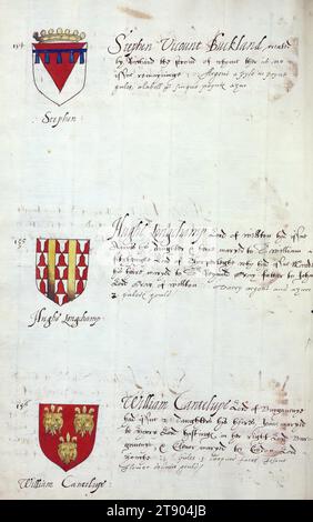 Buch der englischen Heraldik, Wappen von Stephen, Hughe Longchamp und William Cantelupe, dieses Buch der englischen Heraldik wurde um ca. 1589. Das Manuskript gehörte der Familie Spencer, bekannt durch Inschriften auf den ersten Flügelblättern, einschließlich des Mottos „Dieu defende Le Droit“ (Gott verteidigt die Rechte). Dieses Motto wurde seit langem mit der Familie Spencer aus England, der Familie von Prinzessin Diana, sowie den Spencers, die zu den Gründern von Virginia gehörten, in Verbindung gebracht Stockfoto