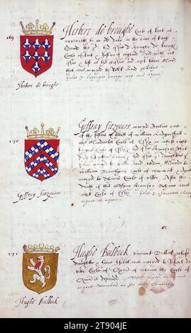 Buch der englischen Heraldik, Wappen von Herbert de Broughe, Geffray Fitzpeers und Hughe Bulbeck, dieses Buch der englischen Heraldik wurde um ca. 1589. Das Manuskript gehörte der Familie Spencer, bekannt durch Inschriften auf den ersten Flügelblättern, einschließlich des Mottos „Dieu defende Le Droit“ (Gott verteidigt die Rechte). Dieses Motto wurde seit langem mit der Familie Spencer aus England, der Familie von Prinzessin Diana, sowie den Spencers, die zu den Gründern von Virginia gehörten, in Verbindung gebracht Stockfoto