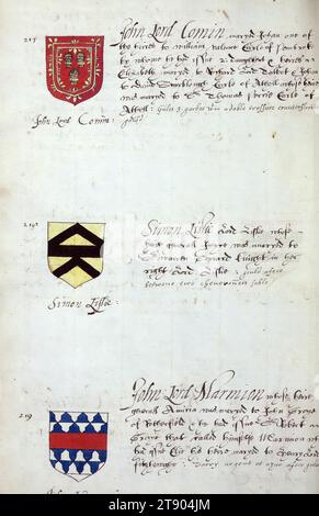 Buch der englischen Heraldik, Wappen von John Lord Comin, Simon Lissie und John Lord Marmion, dieses Buch der englischen Heraldik wurde um ca. 1589. Das Manuskript gehörte der Familie Spencer, bekannt durch Inschriften auf den ersten Flügelblättern, einschließlich des Mottos „Dieu defende Le Droit“ (Gott verteidigt die Rechte). Dieses Motto wurde seit langem mit der Familie Spencer aus England, der Familie von Prinzessin Diana, sowie den Spencers, die zu den Gründern von Virginia gehörten, in Verbindung gebracht Stockfoto