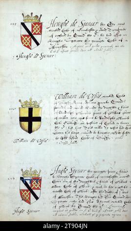 Buch der englischen Heraldik, Wappen von Hewghe de Spencer, William de Vessie und Hughe Spencer, dieses Buch der englischen Heraldik wurde um ca. 1589. Das Manuskript gehörte der Familie Spencer, bekannt durch Inschriften auf den ersten Flügelblättern, einschließlich des Mottos „Dieu defende Le Droit“ (Gott verteidigt die Rechte). Dieses Motto wurde seit langem mit der Familie Spencer aus England, der Familie von Prinzessin Diana, sowie den Spencers, die zu den Gründern von Virginia gehörten, in Verbindung gebracht Stockfoto