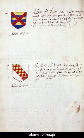 Buch der englischen Heraldik, Wappen von Adam de Porte und Robert de Vaux, dieses Buch der englischen Heraldik wurde um ca. 1589. Das Manuskript gehörte der Familie Spencer, bekannt durch Inschriften auf den ersten Flügelblättern, einschließlich des Mottos „Dieu defende Le Droit“ (Gott verteidigt die Rechte). Dieses Motto wurde seit langem mit der Familie Spencer aus England, der Familie von Prinzessin Diana, sowie den Spencers, die zu den Gründern von Virginia gehörten, in Verbindung gebracht Stockfoto