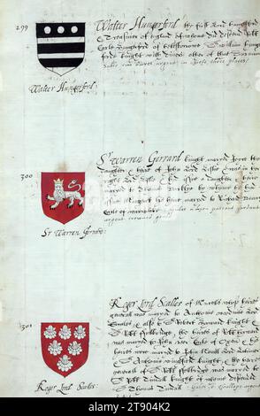 Buch der englischen Heraldik, Walter Hungerford, SR Warren Gerrard und Roger Lord Scalles, dieses Buch der englischen Heraldik wurde um ca. 1589. Das Manuskript gehörte der Familie Spencer, bekannt durch Inschriften auf den ersten Flügelblättern, einschließlich des Mottos „Dieu defende Le Droit“ (Gott verteidigt die Rechte). Dieses Motto wurde seit langem mit der Familie Spencer aus England, der Familie von Prinzessin Diana, sowie den Spencers, die zu den Gründern von Virginia gehörten, in Verbindung gebracht Stockfoto