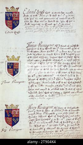 Buch der englischen Heraldik, Wappen von Edward Langly, Thomas Plantagenet und Henry Plantagenet, dieses Buch der englischen Heraldik wurde um ca. 1589. Das Manuskript gehörte der Familie Spencer, bekannt durch Inschriften auf den ersten Flügelblättern, einschließlich des Mottos „Dieu defende Le Droit“ (Gott verteidigt die Rechte). Dieses Motto wurde seit langem mit der Familie Spencer aus England, der Familie von Prinzessin Diana, sowie den Spencers, die zu den Gründern von Virginia gehörten, in Verbindung gebracht Stockfoto