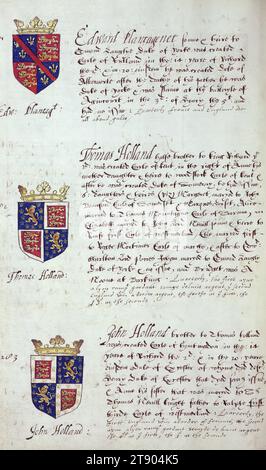 Buch der englischen Heraldik, Wappen von Edward Plantagenet, Thomas Holland und John Holland, dieses Buch der englischen Heraldik wurde um ca. 1589. Das Manuskript gehörte der Familie Spencer, bekannt durch Inschriften auf den ersten Flügelblättern, einschließlich des Mottos „Dieu defende Le Droit“ (Gott verteidigt die Rechte). Dieses Motto wurde seit langem mit der Familie Spencer aus England, der Familie von Prinzessin Diana, sowie den Spencers, die zu den Gründern von Virginia gehörten, in Verbindung gebracht Stockfoto