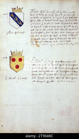 Buch der englischen Heraldik, Wappen von Thomas Lord Stanly und Edward Courtny, dieses Buch der englischen Heraldik wurde um ca. 1589. Das Manuskript gehörte der Familie Spencer, bekannt durch Inschriften auf den ersten Flügelblättern, einschließlich des Mottos „Dieu defende Le Droit“ (Gott verteidigt die Rechte). Dieses Motto wurde seit langem mit der Familie Spencer aus England, der Familie von Prinzessin Diana, sowie den Spencers, die zu den Gründern von Virginia gehörten, in Verbindung gebracht Stockfoto