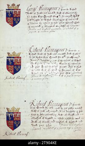 Buch der englischen Heraldik, Wappen von George Plantagenet, Richard Plantagenet und Richard Plantagenet, dieses Buch der englischen Heraldik wurde um ca. 1589. Das Manuskript gehörte der Familie Spencer, bekannt durch Inschriften auf den ersten Flügelblättern, einschließlich des Mottos „Dieu defende Le Droit“ (Gott verteidigt die Rechte). Dieses Motto wurde seit langem mit der Familie Spencer aus England, der Familie von Prinzessin Diana, sowie den Spencers, die zu den Gründern von Virginia gehörten, in Verbindung gebracht Stockfoto