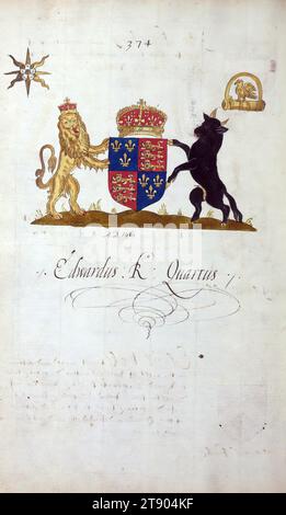 Buch der englischen Heraldik, Wappen von Edwardus Rex Quartus, dieses Buch der englischen Heraldik wurde um ca. 1589. Das Manuskript gehörte der Familie Spencer, bekannt durch Inschriften auf den ersten Flügelblättern, einschließlich des Mottos „Dieu defende Le Droit“ (Gott verteidigt die Rechte). Dieses Motto wurde seit langem mit der Familie Spencer aus England, der Familie von Prinzessin Diana, sowie den Spencers, die zu den Gründern von Virginia gehörten, in Verbindung gebracht Stockfoto