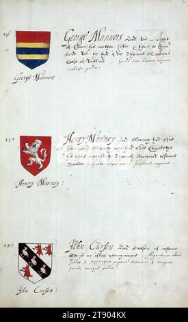 Buch der englischen Heraldik, Wappen von George Mannors, Henry Marney und John Carson, dieses Buch der englischen Heraldik wurde um ca. 1589. Das Manuskript gehörte der Familie Spencer, bekannt durch Inschriften auf den ersten Flügelblättern, einschließlich des Mottos „Dieu defende Le Droit“ (Gott verteidigt die Rechte). Dieses Motto wurde seit langem mit der Familie Spencer aus England, der Familie von Prinzessin Diana, sowie den Spencers, die zu den Gründern von Virginia gehörten, in Verbindung gebracht Stockfoto