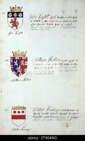 Buch der englischen Heraldik, Wappen von John Russell, William Herbert und Walter Devereux, dieses Buch der englischen Heraldik wurde um ca. 1589. Das Manuskript gehörte der Familie Spencer, bekannt durch Inschriften auf den ersten Flügelblättern, einschließlich des Mottos „Dieu defende Le Droit“ (Gott verteidigt die Rechte). Dieses Motto wurde seit langem mit der Familie Spencer aus England, der Familie von Prinzessin Diana, sowie den Spencers, die zu den Gründern von Virginia gehörten, in Verbindung gebracht Stockfoto