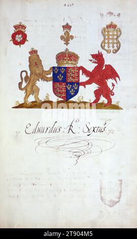 Buch der englischen Heraldik, Wappen von Edwardus Rex Sextus, dieses Buch der englischen Heraldik wurde um ca. 1589. Das Manuskript gehörte der Familie Spencer, bekannt durch Inschriften auf den ersten Flügelblättern, einschließlich des Mottos „Dieu defende Le Droit“ (Gott verteidigt die Rechte). Dieses Motto wurde seit langem mit der Familie Spencer aus England, der Familie von Prinzessin Diana, sowie den Spencers, die zu den Gründern von Virginia gehörten, in Verbindung gebracht Stockfoto