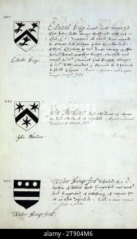 Buch der englischen Heraldik, Wappen von Edward Bray, John Mordant und Walter Hungerford, dieses Buch der englischen Heraldik wurde um ca. 1589. Das Manuskript gehörte der Familie Spencer, bekannt durch Inschriften auf den ersten Flügelblättern, einschließlich des Mottos „Dieu defende Le Droit“ (Gott verteidigt die Rechte). Dieses Motto wurde seit langem mit der Familie Spencer aus England, der Familie von Prinzessin Diana, sowie den Spencers, die zu den Gründern von Virginia gehörten, in Verbindung gebracht Stockfoto