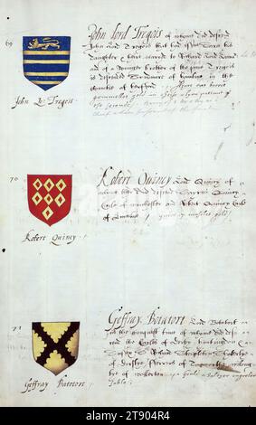 Buch der englischen Heraldik, Wappen von John Lord Treqois, Robert Qunicy und Geffray Batotort, dieses Buch der englischen Heraldik wurde um ca. 1589. Das Manuskript gehörte der Familie Spencer, bekannt durch Inschriften auf den ersten Flügelblättern, einschließlich des Mottos „Dieu defende Le Droit“ (Gott verteidigt die Rechte). Dieses Motto wurde seit langem mit der Familie Spencer aus England, der Familie von Prinzessin Diana, sowie den Spencers, die zu den Gründern von Virginia gehörten, in Verbindung gebracht Stockfoto