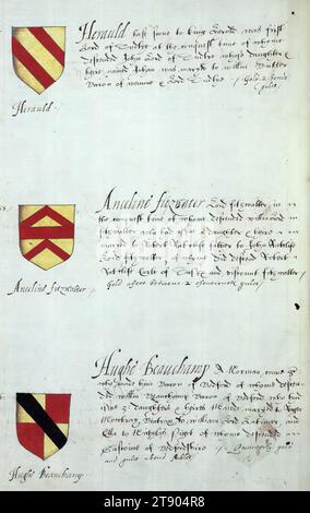 Buch der englischen Heraldik, Wappen von Herauld, Anceline fitzwalter und Hughe Beauchamp, dieses Buch der englischen Heraldik wurde um ca. 1589. Das Manuskript gehörte der Familie Spencer, bekannt durch Inschriften auf den ersten Flügelblättern, einschließlich des Mottos „Dieu defende Le Droit“ (Gott verteidigt die Rechte). Dieses Motto wurde seit langem mit der Familie Spencer aus England, der Familie von Prinzessin Diana, sowie den Spencers, die zu den Gründern von Virginia gehörten, in Verbindung gebracht Stockfoto