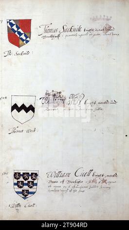 Buch der englischen Heraldik, Wappen von Thomas Sackvile, Thomas West und William Cicell, dieses Buch der englischen Heraldik wurde um ca. 1589. Das Manuskript gehörte der Familie Spencer, bekannt durch Inschriften auf den ersten Flügelblättern, einschließlich des Mottos „Dieu defende Le Droit“ (Gott verteidigt die Rechte). Dieses Motto wurde seit langem mit der Familie Spencer aus England, der Familie von Prinzessin Diana, sowie den Spencers, die zu den Gründern von Virginia gehörten, in Verbindung gebracht Stockfoto