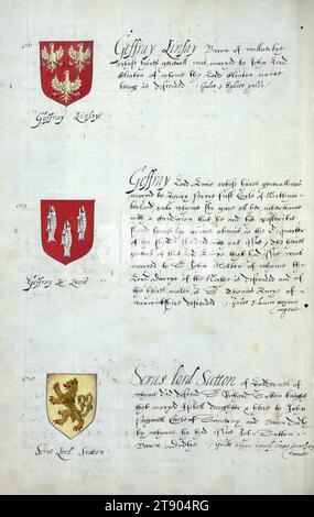 Buch der englischen Heraldik, Wappen von Geffray Linlaye, Geffray Lord Lucie und Serus Lord Sutton, dieses Buch der englischen Heraldik wurde um ca. 1589. Das Manuskript gehörte der Familie Spencer, bekannt durch Inschriften auf den ersten Flügelblättern, einschließlich des Mottos „Dieu defende Le Droit“ (Gott verteidigt die Rechte). Dieses Motto wurde seit langem mit der Familie Spencer aus England, der Familie von Prinzessin Diana, sowie den Spencers, die zu den Gründern von Virginia gehörten, in Verbindung gebracht Stockfoto