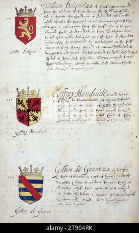 Buch der englischen Heraldik, Wappen von William Dabignie, Geffray Mandevile und Gilbert de Gaunt, dieses Buch der englischen Heraldik wurde um ca. 1589. Das Manuskript gehörte der Familie Spencer, bekannt durch Inschriften auf den ersten Flügelblättern, einschließlich des Mottos „Dieu defende Le Droit“ (Gott verteidigt die Rechte). Dieses Motto wurde seit langem mit der Familie Spencer aus England, der Familie von Prinzessin Diana, sowie den Spencers, die zu den Gründern von Virginia gehörten, in Verbindung gebracht Stockfoto