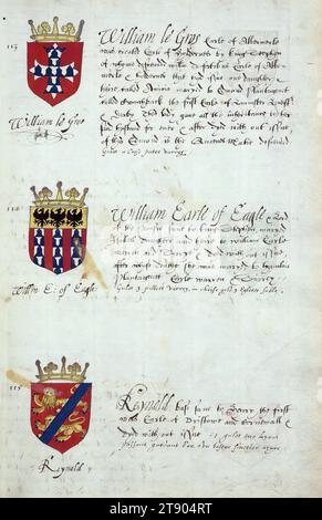 Buch der englischen Heraldik, Wappen von William le Gros, William Earle of Eagle und Reynold, dieses Buch der englischen Heraldik wurde um ca. 1589. Das Manuskript gehörte der Familie Spencer, bekannt durch Inschriften auf den ersten Flügelblättern, einschließlich des Mottos „Dieu defende Le Droit“ (Gott verteidigt die Rechte). Dieses Motto wurde seit langem mit der Familie Spencer aus England, der Familie von Prinzessin Diana, sowie den Spencers, die zu den Gründern von Virginia gehörten, in Verbindung gebracht Stockfoto