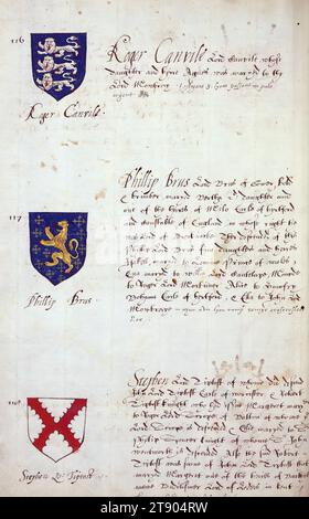 Buch der englischen Heraldik, Wappen von Roger Canvile, Phillip Brus und Stephen Lord Tiptoft, dieses Buch der englischen Heraldik wurde um ca. 1589. Das Manuskript gehörte der Familie Spencer, bekannt durch Inschriften auf den ersten Flügelblättern, einschließlich des Mottos „Dieu defende Le Droit“ (Gott verteidigt die Rechte). Dieses Motto wurde seit langem mit der Familie Spencer aus England, der Familie von Prinzessin Diana, sowie den Spencers, die zu den Gründern von Virginia gehörten, in Verbindung gebracht Stockfoto