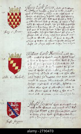 Buch der englischen Heraldik, Wappen von Henry Earle ferrers, William Earle Marshall und Hughe Fitzpaine, dieses Buch der englischen Heraldik wurde um ca. 1589. Das Manuskript gehörte der Familie Spencer, bekannt durch Inschriften auf den ersten Flügelblättern, einschließlich des Mottos „Dieu defende Le Droit“ (Gott verteidigt die Rechte). Dieses Motto wurde seit langem mit der Familie Spencer aus England, der Familie von Prinzessin Diana, sowie den Spencers, die zu den Gründern von Virginia gehörten, in Verbindung gebracht Stockfoto