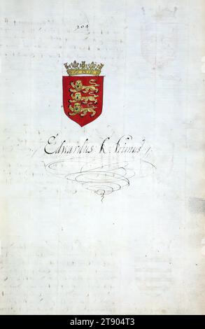 Buch der englischen Heraldik, Wappen von Edwardus Rex Primus, dieses Buch der englischen Heraldik wurde um ca. 1589. Das Manuskript gehörte der Familie Spencer, bekannt durch Inschriften auf den ersten Flügelblättern, einschließlich des Mottos „Dieu defende Le Droit“ (Gott verteidigt die Rechte). Dieses Motto wurde seit langem mit der Familie Spencer aus England, der Familie von Prinzessin Diana, sowie den Spencers, die zu den Gründern von Virginia gehörten, in Verbindung gebracht Stockfoto