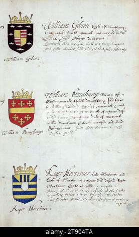 Buch der englischen Heraldik, Wappen von William Gobion, William Beauchamp und Roger Mortimer, dieses Buch der englischen Heraldik wurde um ca. 1589. Das Manuskript gehörte der Familie Spencer, bekannt durch Inschriften auf den ersten Flügelblättern, einschließlich des Mottos „Dieu defende Le Droit“ (Gott verteidigt die Rechte). Dieses Motto wurde seit langem mit der Familie Spencer aus England, der Familie von Prinzessin Diana, sowie den Spencers, die zu den Gründern von Virginia gehörten, in Verbindung gebracht Stockfoto