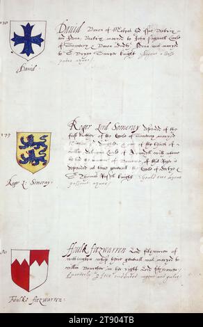 Buch der englischen Heraldik, Wappen von David, Roger Lord Someray und Foulke fitzwarren, dieses Buch der englischen Heraldik wurde um ca. 1589. Das Manuskript gehörte der Familie Spencer, bekannt durch Inschriften auf den ersten Flügelblättern, einschließlich des Mottos „Dieu defende Le Droit“ (Gott verteidigt die Rechte). Dieses Motto wurde seit langem mit der Familie Spencer aus England, der Familie von Prinzessin Diana, sowie den Spencers, die zu den Gründern von Virginia gehörten, in Verbindung gebracht Stockfoto