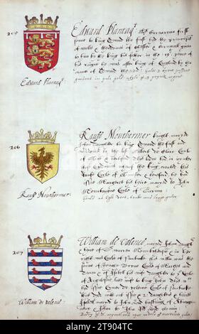 Buch der englischen Heraldik, Wappen von Edward Plantagenet, Raufe Mouthermer und William de Valence, dieses Buch der englischen Heraldik wurde um ca. 1589. Das Manuskript gehörte der Familie Spencer, bekannt durch Inschriften auf den ersten Flügelblättern, einschließlich des Mottos „Dieu defende Le Droit“ (Gott verteidigt die Rechte). Dieses Motto wurde seit langem mit der Familie Spencer aus England, der Familie von Prinzessin Diana, sowie den Spencers, die zu den Gründern von Virginia gehörten, in Verbindung gebracht Stockfoto