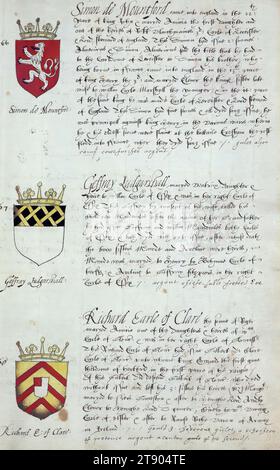 Buch der englischen Heraldik, Wappen von Simon de Mountford, Geffray Ludgarshall und Richard Earle of Clare, dieses Buch der englischen Heraldik wurde um ca. 1589. Das Manuskript gehörte der Familie Spencer, bekannt durch Inschriften auf den ersten Flügelblättern, einschließlich des Mottos „Dieu defende Le Droit“ (Gott verteidigt die Rechte). Dieses Motto wurde seit langem mit der Familie Spencer aus England, der Familie von Prinzessin Diana, sowie den Spencers, die zu den Gründern von Virginia gehörten, in Verbindung gebracht Stockfoto