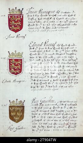 Buch der englischen Heraldik, Wappen von Thomas Plantagenet, Edward Plantagenet und Piers Gaveston, dieses Buch der englischen Heraldik wurde um ca. 1589. Das Manuskript gehörte der Familie Spencer, bekannt durch Inschriften auf den ersten Flügelblättern, einschließlich des Mottos „Dieu defende Le Droit“ (Gott verteidigt die Rechte). Dieses Motto wurde seit langem mit der Familie Spencer aus England, der Familie von Prinzessin Diana, sowie den Spencers, die zu den Gründern von Virginia gehörten, in Verbindung gebracht Stockfoto