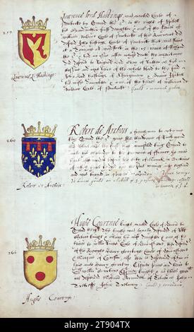 Buch der englischen Heraldik, Wappen von Lawrence Lord Hastings, Robert de Arthois und Hughe Courtnie, dieses Buch der englischen Heraldik wurde um ca. 1589. Das Manuskript gehörte der Familie Spencer, bekannt durch Inschriften auf den ersten Flügelblättern, einschließlich des Mottos „Dieu defende Le Droit“ (Gott verteidigt die Rechte). Dieses Motto wurde seit langem mit der Familie Spencer aus England, der Familie von Prinzessin Diana, sowie den Spencers, die zu den Gründern von Virginia gehörten, in Verbindung gebracht Stockfoto